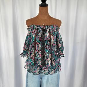 2000s Vintage Grane Paisley Semi Sheer Babydoll Top Lace Puff Sleeve Large